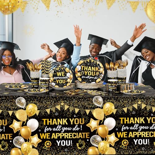 Image of Funnymoom 452 Pcs Black Gold We Appreciate You Decoration for 50, Thank You Paper Plates Napkins Cups Tablecloth Set for Administrative Professional Day Employee Teacher Volunteer Appreciation Supply