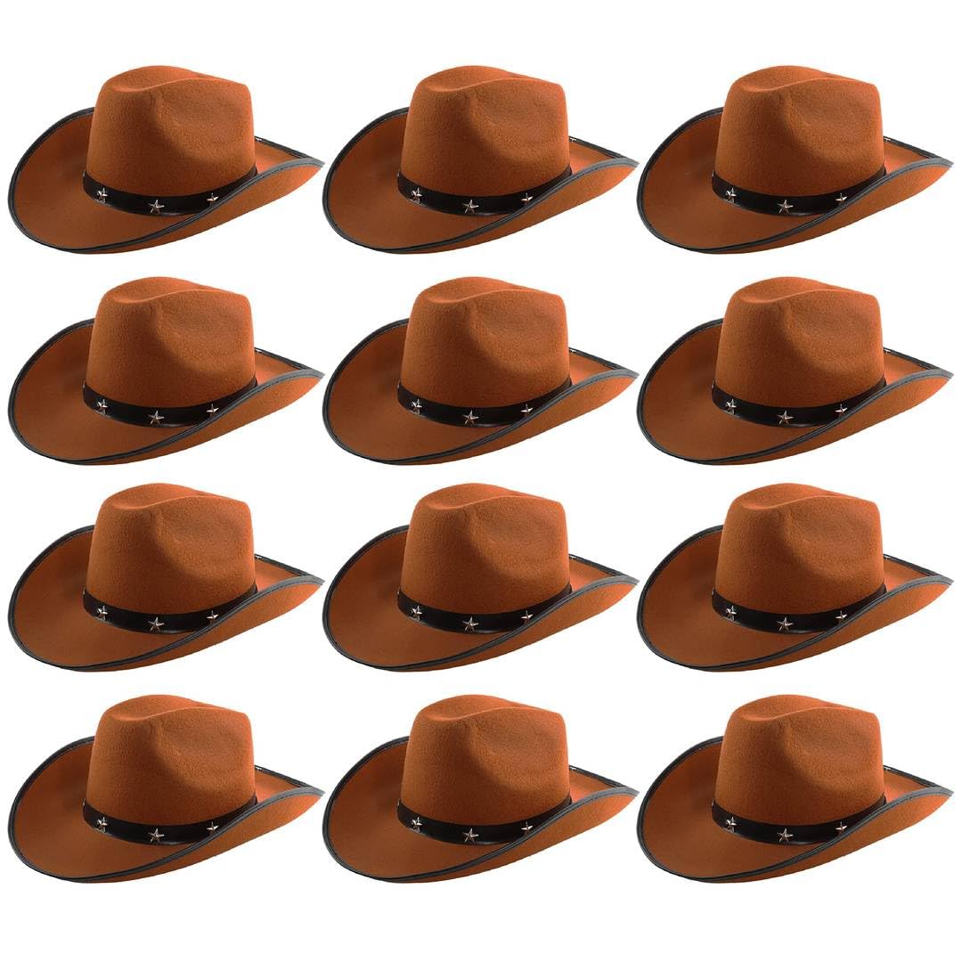 Adults Star Studded Cowboy Hat - Pack of 12 - Brown Felt Western Style Hat with Decorative Star Studs - Classic Wild West Fancy Dress Costume Accessory for Parties Festivals Cosplay Cowgirl Events