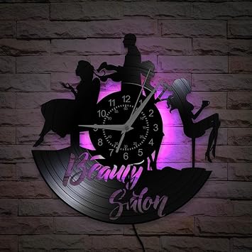 12 Inch Beauty Salon Wall Clock 7 Color Changing, Hairdresser Gift Wall Clock LED Night Light Hair Stylist Vinyl Record Wall Watch Clock Silent Movement for Hair Salon Esthetician Hairstylist