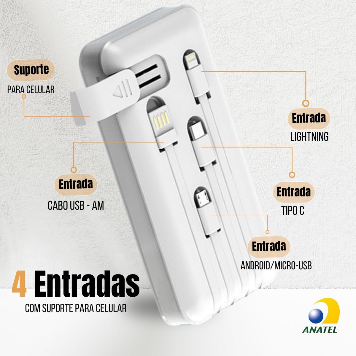 Carregador Portátil Power Bank Universal 10000mAh 4 Cabos Integrados Design Leve, Compacto e Ultra Rápido Com Entradas (Micro USB, USB-C e IOS) Led Com Indicador Bateria PREMIUM