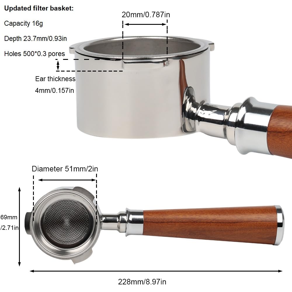 Porte-filtre 51 mm pour Cecotec Power Espresso 20/Casabrews CM5418 avec double bec – Porte-filtre en acier inoxydable avec tamis – Poignée en bois
