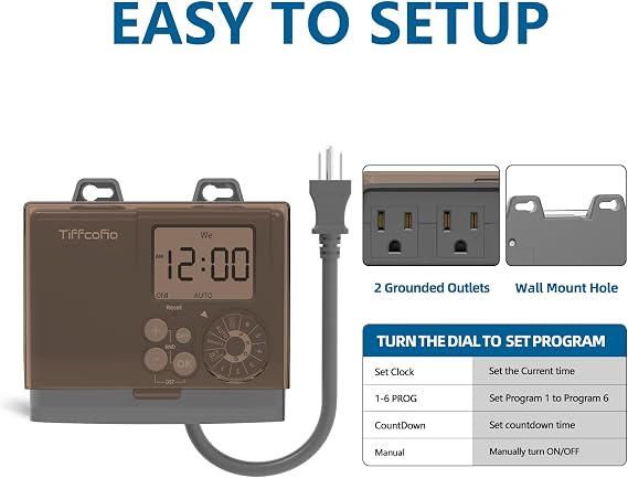 TiFFCOFiO 20A Outdoor Digital Pool Timer Waterproof, Dial Programmable Method, 2FT Extension Cord, 2 Grounded Electrical Outlets for Lights, 6 Sets of Programs, 1.5HP, 2500W