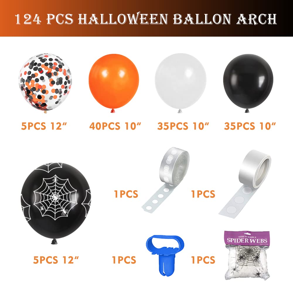Halloween Decorations Balloon Arch Kit 124 Pcs, Orange Black White Confetti Balloons With Spider Webs, Outdoor Indoor Halloween Party Decoration balloon Garland