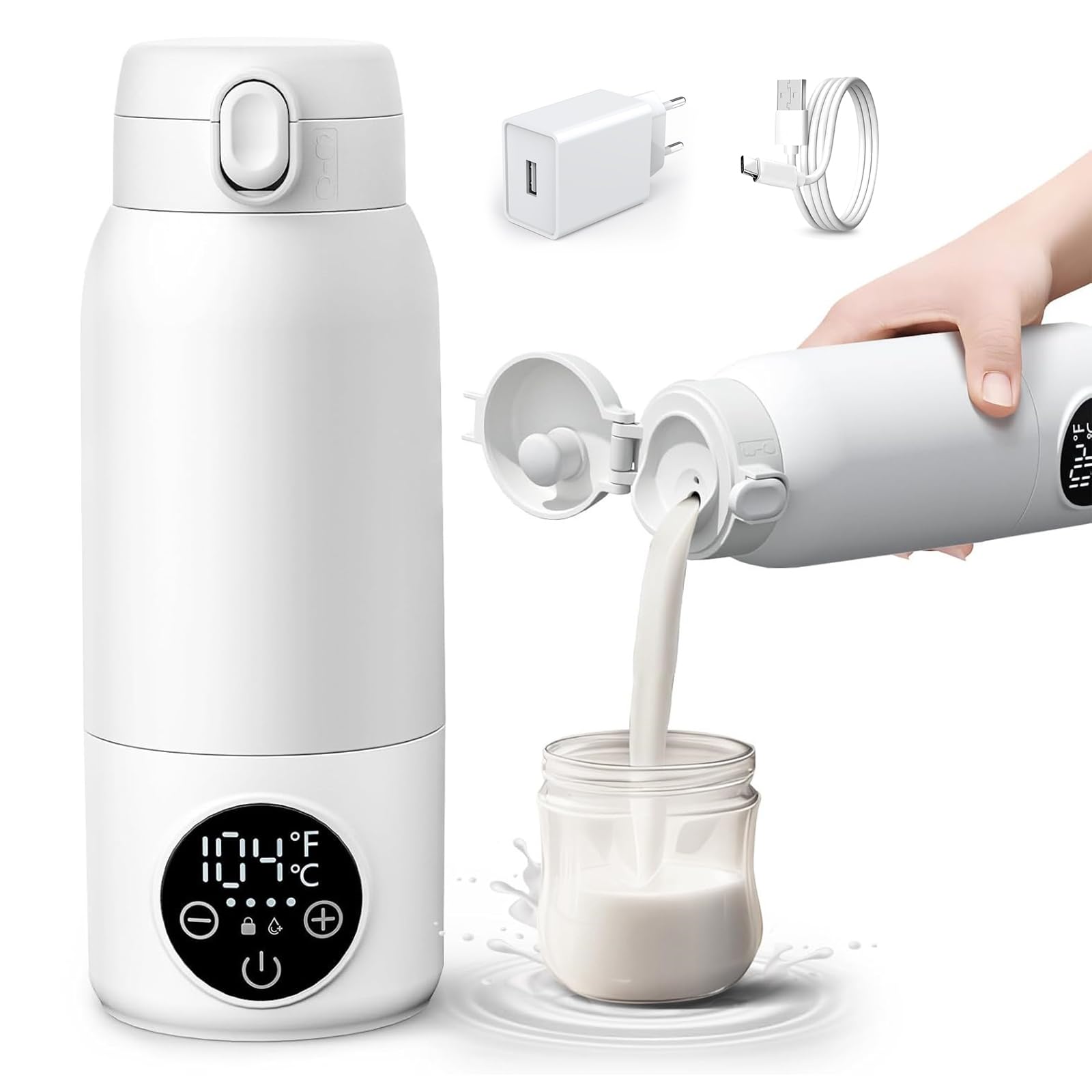 Tragbarer Flaschenwärmer Baby für Unterwegs, Zwei Heizmodi für Muttermilch und Wasser, Schnelles Aufheizen und Lange Akkulaufzeit, 500ml Kapazität, für Auto-und Flugzeugreisen