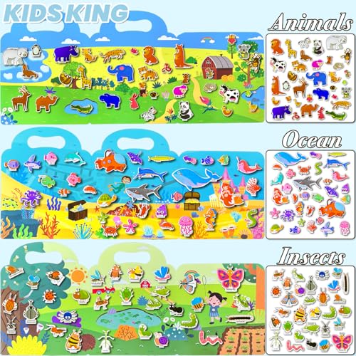 Image of Reusable Sticker Books for Toddlers 1-3, Puffy Stickers Book for Kids Ages 2-4, Toddler Travel Essential Activities Toys for Boys Girls Birthday Christmas - Animal, Ocean and Insect (3 Set)