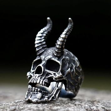 BEDT New Men's Rings Satanic Skull Horn Ring For Men Heavy Punk Goth Demon Jewelry Gifts