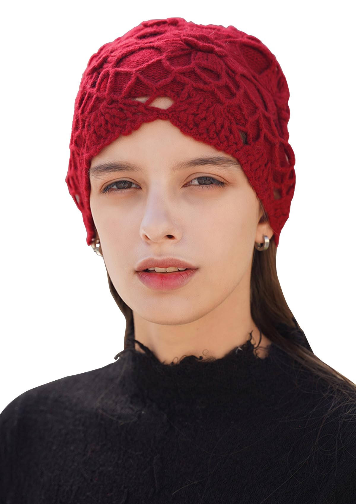 YUONNY Handgemachte Gehäkelte Beanie Mütze für Frauen Mädchen, 100% Kaschmir Doppellagige Ausgehöhlte Gestrickt Blumenmütze, Damen Weiche Warme Strickmütze, Mode Leichte Herbst Winter Hut Mütze Red F