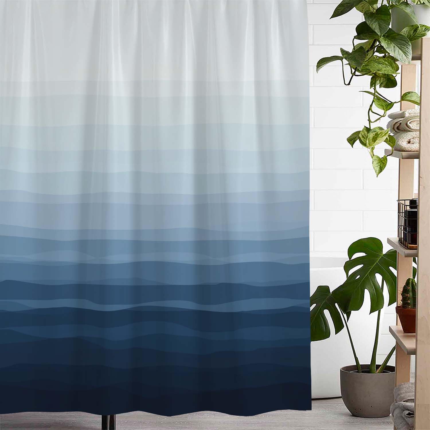 Ge, tenda da doccia sfumata blu – motivo onde oceaniche 12 ganci lavabile in lavatrice in poliestere decorazione bagno 120 x 175 cm – elegante e