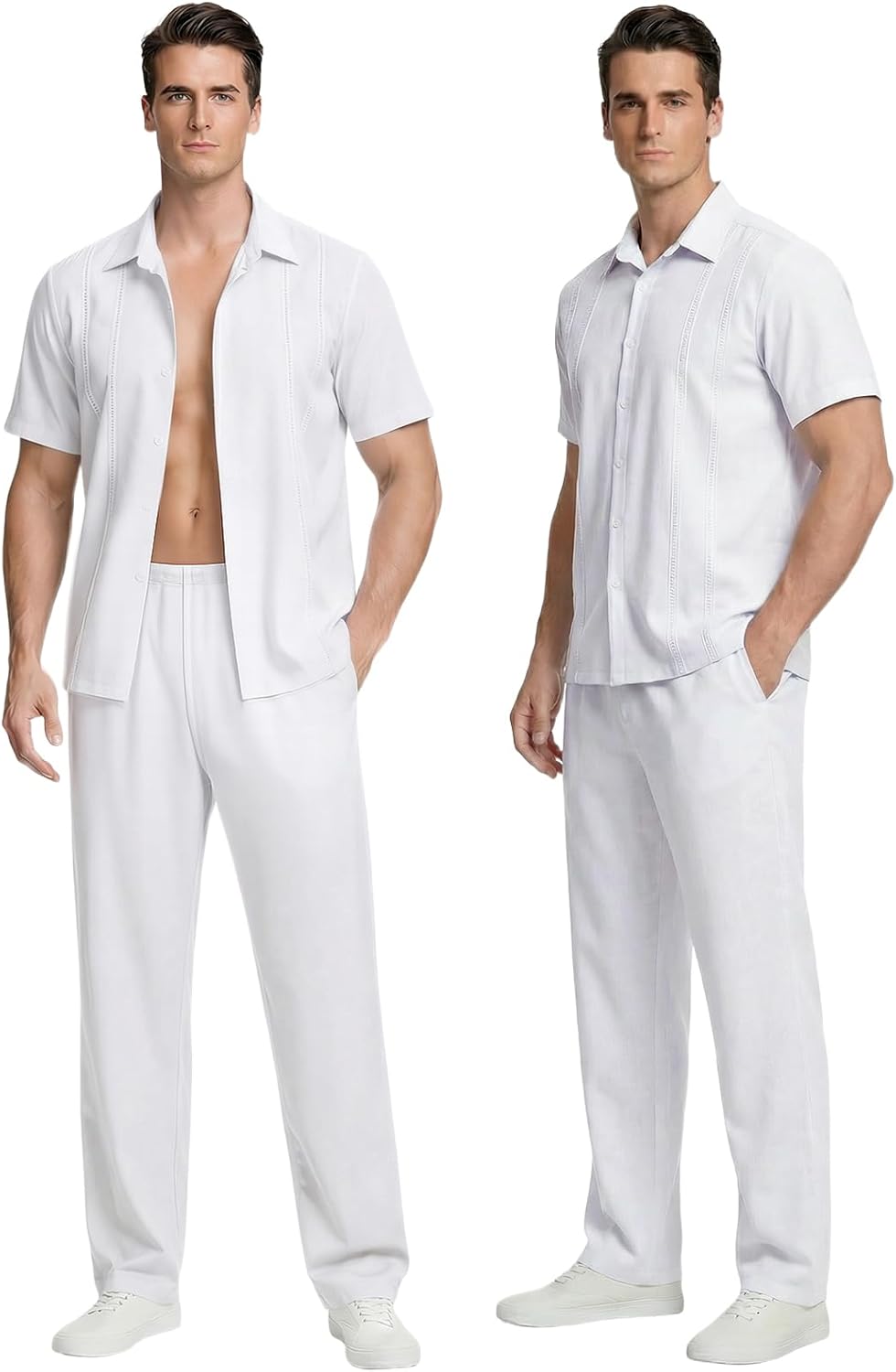 Mens Casual Cuban Collar Button Down Shirt 2 Piece Set Loose Pants Summer Beach Vacation Outfits
