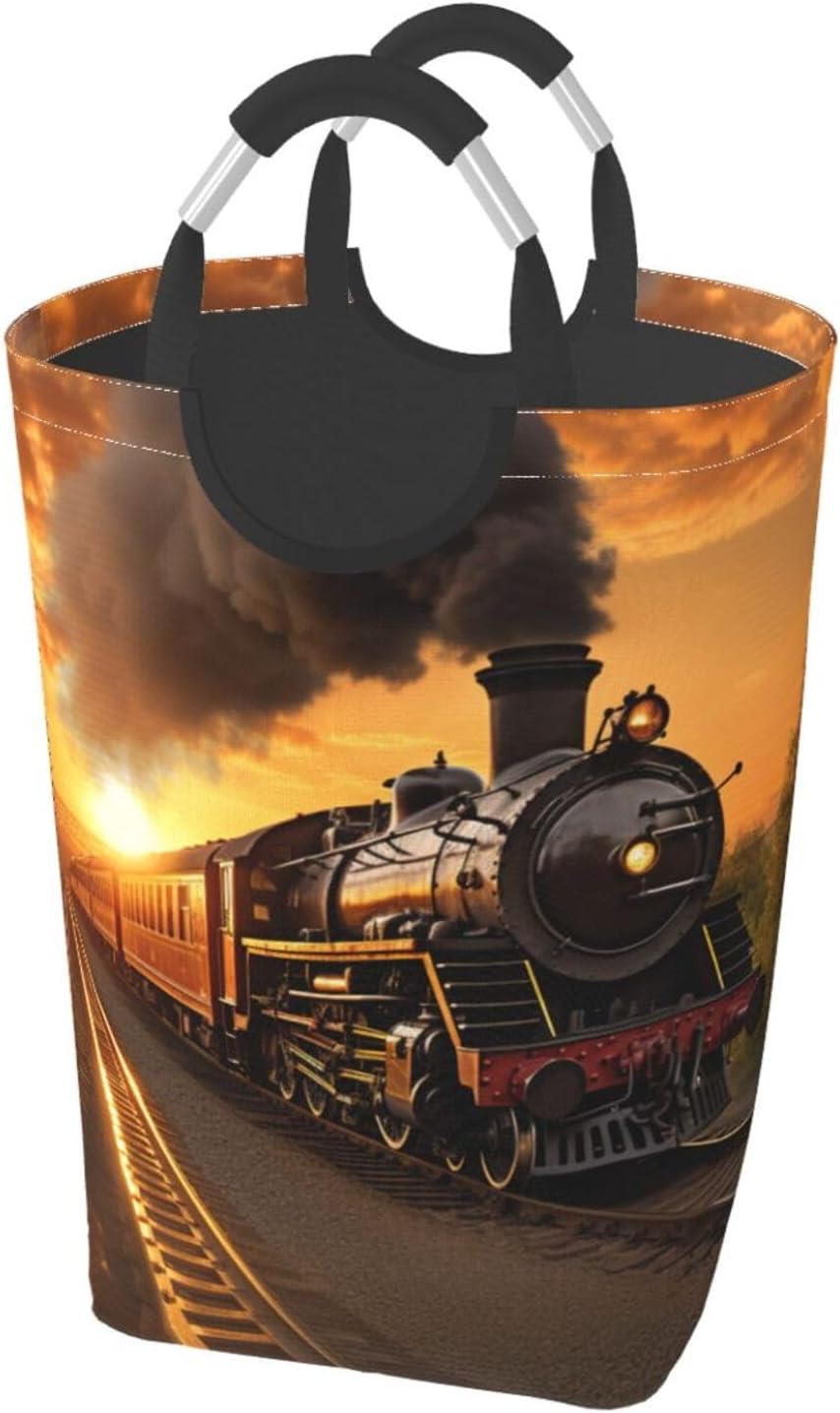 Steam Train Print Laundry Hamper With Handle, Large Laundry Bags Collapsible Dirty Clothes Basket For Bathroom