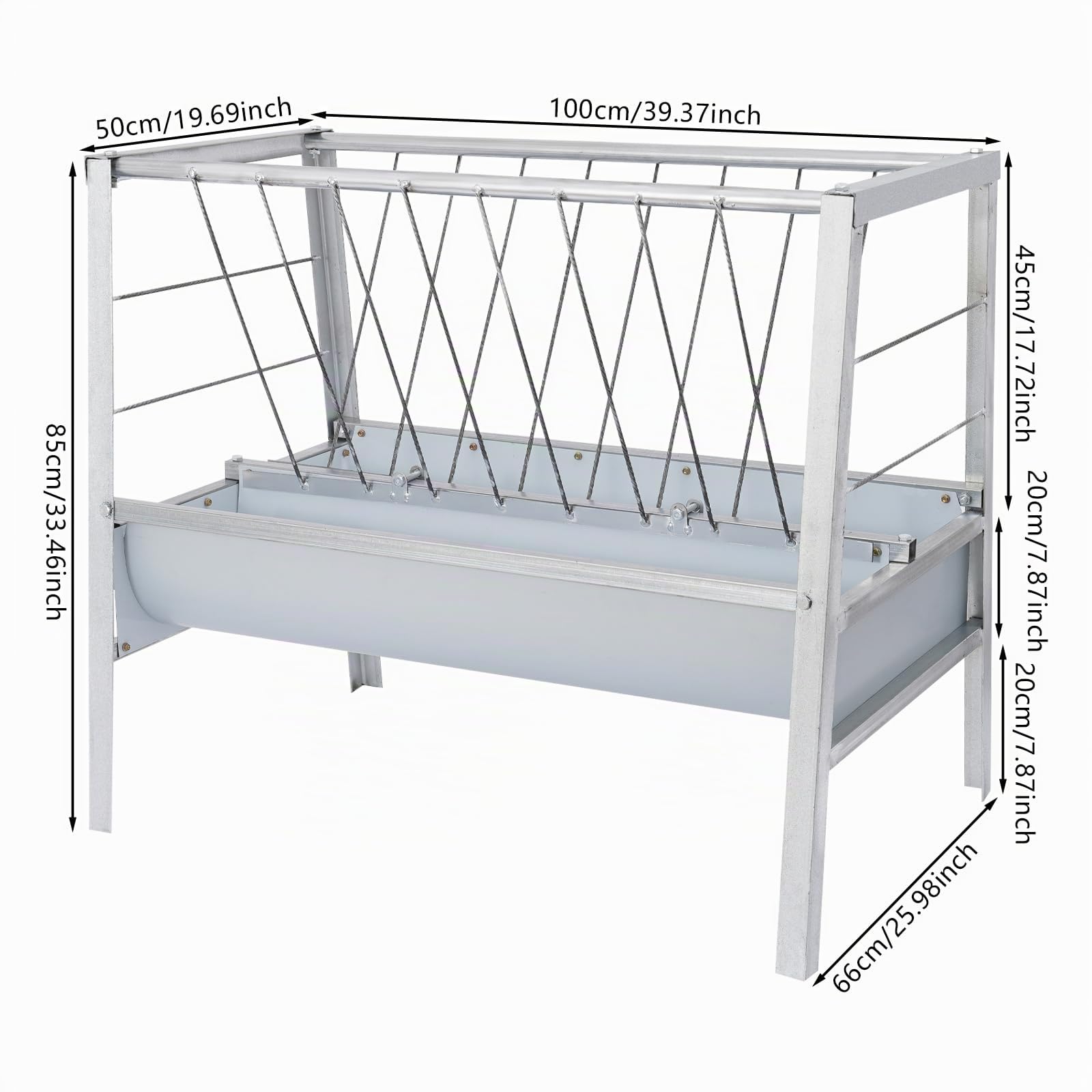 Comedero para heno de doble cara 100 cm, comedero para ovejas y cabras de metal, gran bebedero con forma de V para heno y pienso de hasta 200 L, para granjas, alpacas, cabras