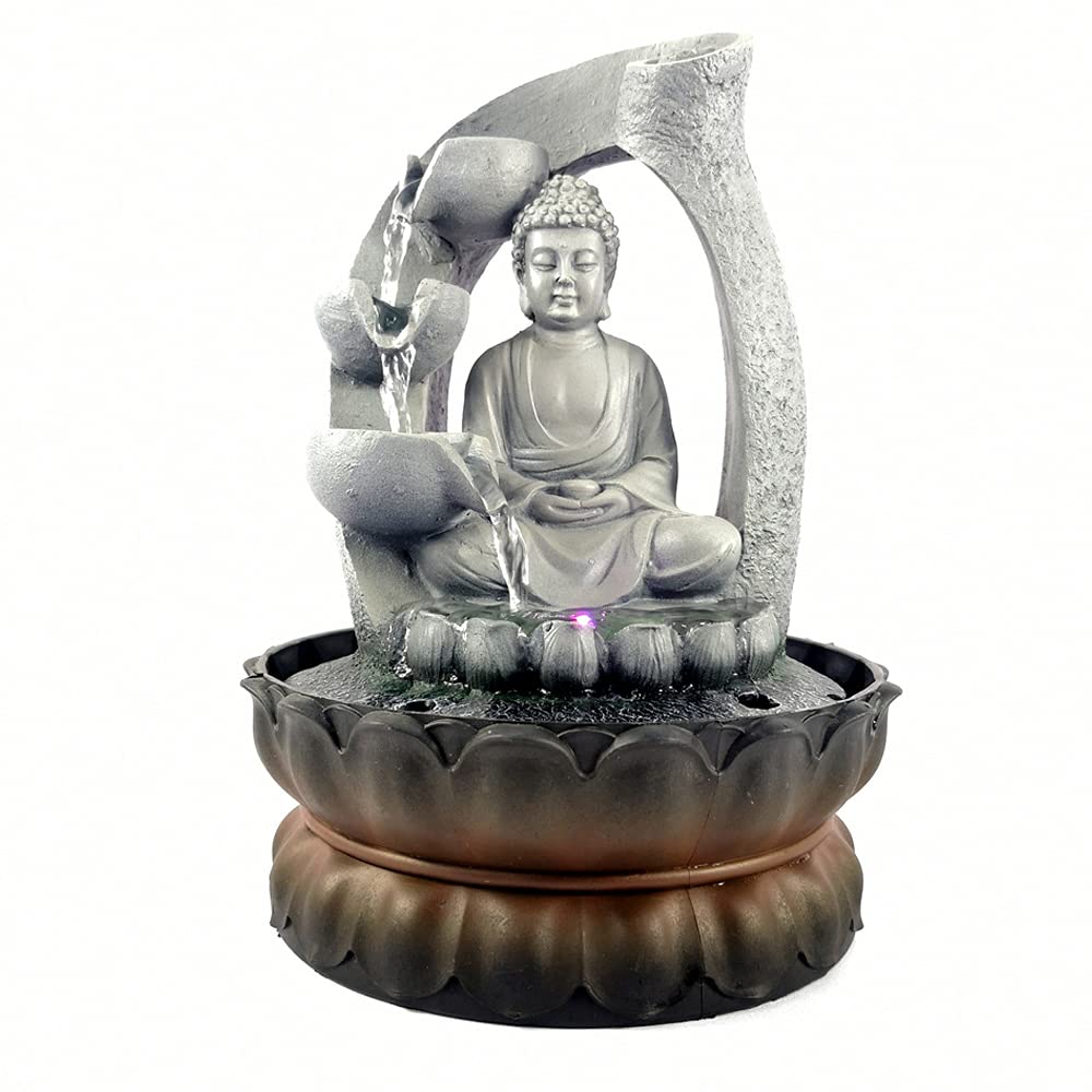 Fontana Buddha con luce LED, fontana da tavolo Shui Zen, decorazione in resina Buddha, fontana in loto, decorazione per interni