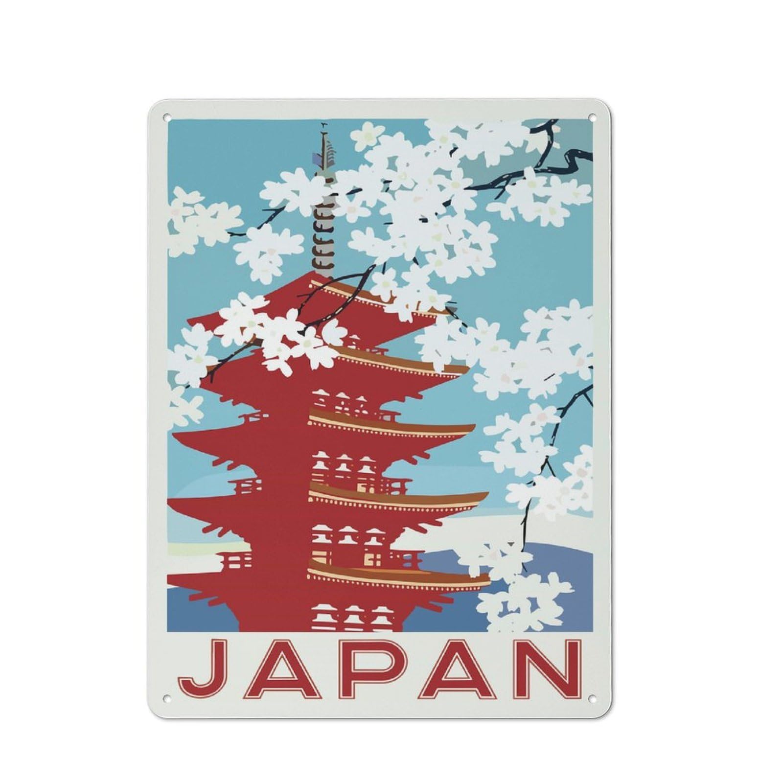 Junmoney Japan Pagoda Cherry Blossom Travel Tin Wall Plaque 40X30cm With For Pub Or Café, With Clear Vintage Wall Decor Character