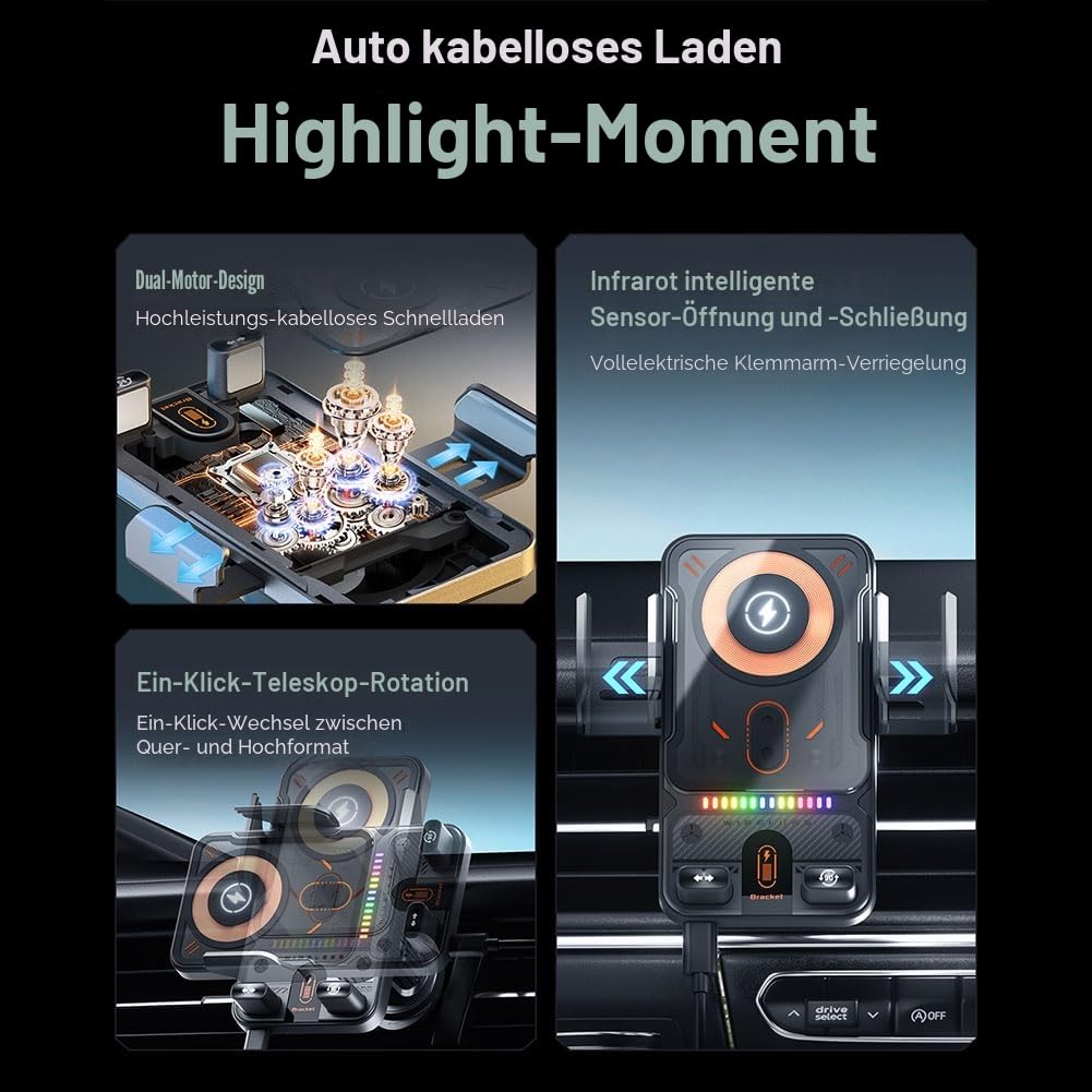 15W Fast Wireless Car Charger & Phone Holder, Handyhalterung Auto mit Ladefunktion, Induktive Ladestation Auto, Air Outlet Installation für iPhone für Samsung für Huawei für LG usw(Black)