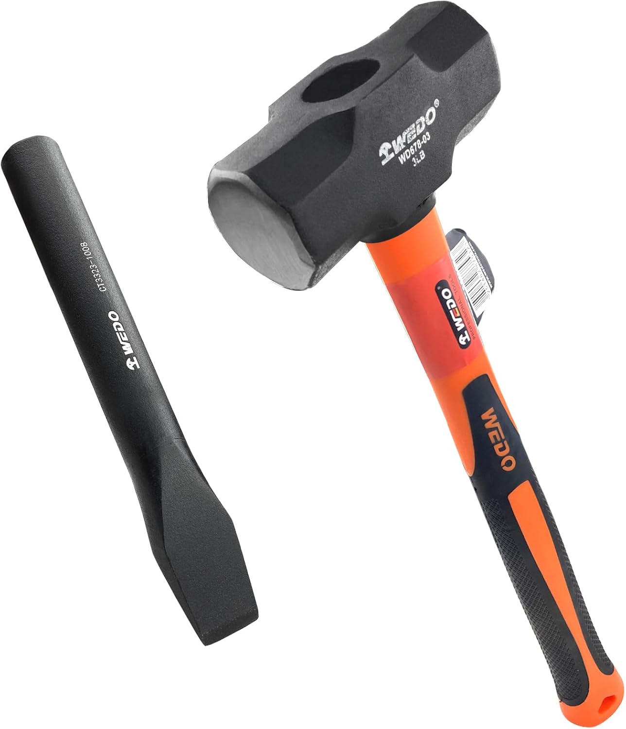 WEDO 3lb Sledge Hammer & Flat Chisel 2PCS Set,Drilling/Crack Hammer with Fiberglass Handle,40 Chrome Steel Flat Chisel Size 22 * 180mm,Black-Spray on Surface,High Carbon Steel Hammer