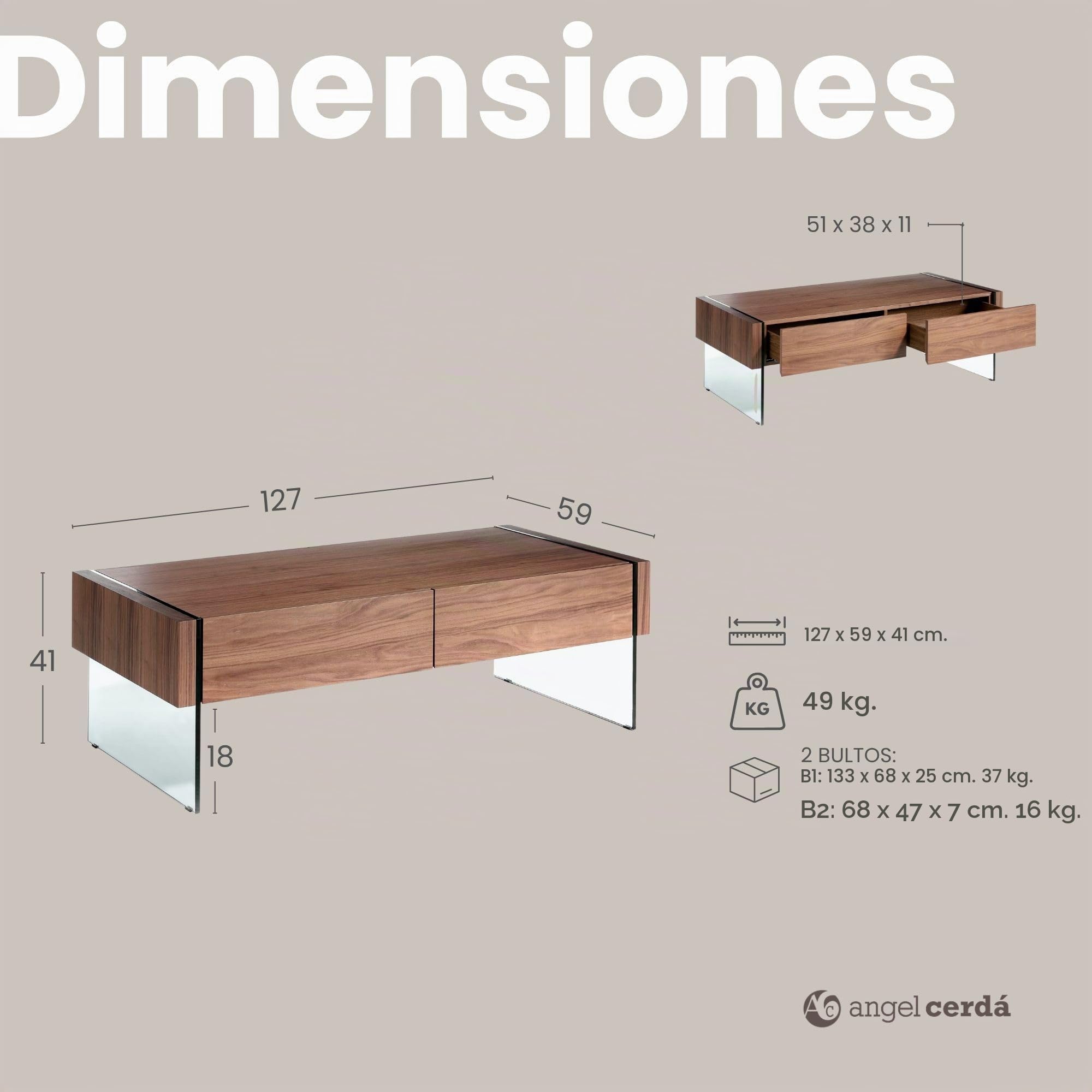 Angel Cerdá – Mesa Centro Diseño con Laterales de Cristal y Tapa de Nogal | Mesa de Centro Rectangular con Almacenaje | Patas de Cristal | Ideal para Salón | 127 x 59 x 41 cm