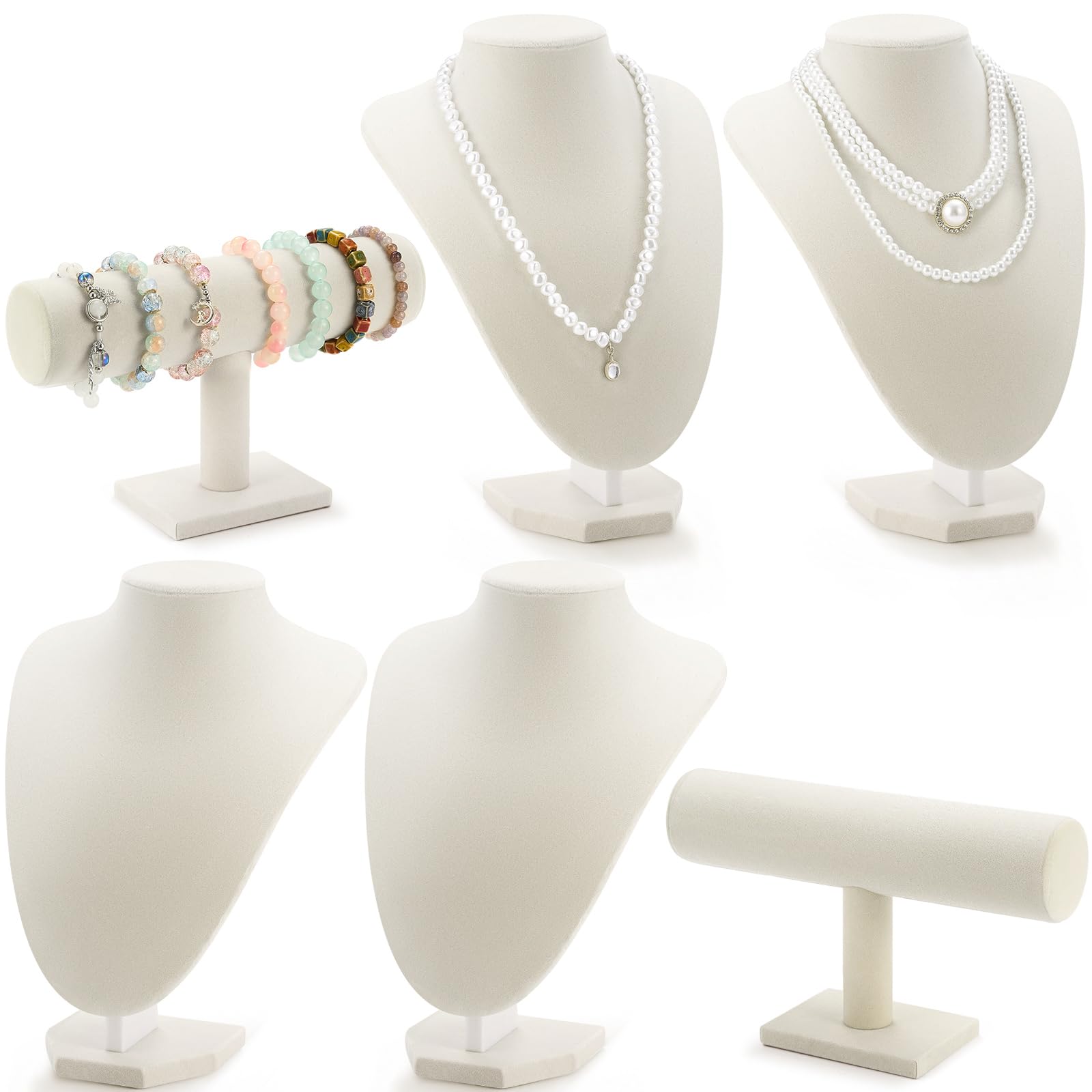 Huquary 6 Pcs Beige Velvet Jewelry Display Set Necklace Bust Holder
