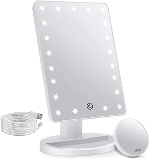 Makeup Vanity Mirror with Lights, Lighted Makeup Mirror with Detachable 10X Magnification, 21 Led Lights Adjustable Dimming Touch Sensor, Dual Power Supply, 180° Rotation, Portable Cosmetic Mirror