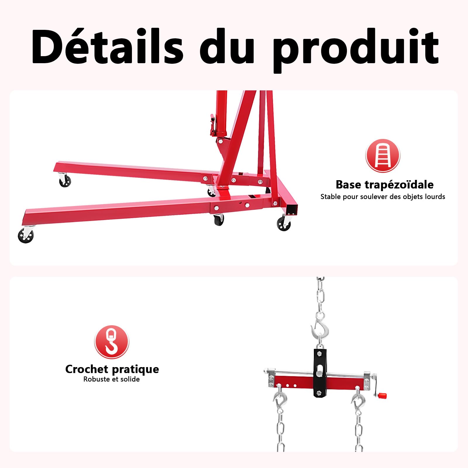 Grue d'atelier pliable avec équilibreur de moteur, 2000 kg Grue de moteur et lève-moteur en acier au carbone, 4 positions réglables, Max. 148 cm de distance du crochet au sol (lot de 2)