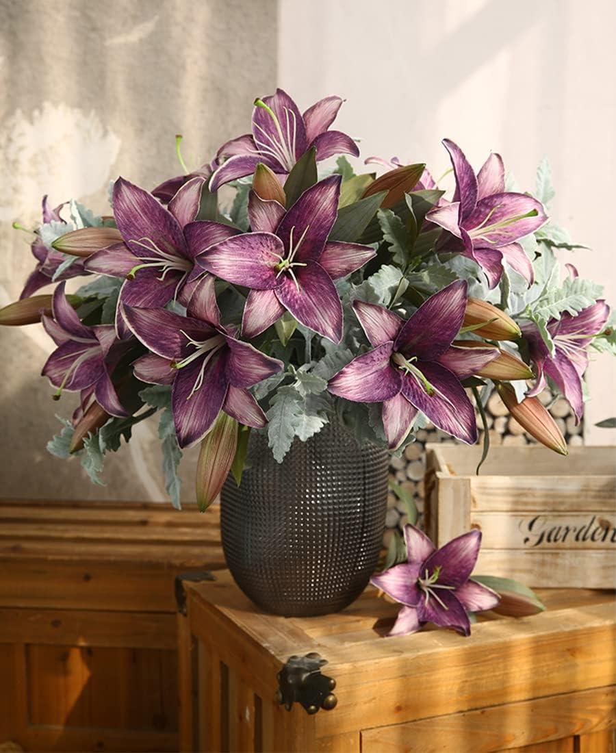 IPOPU Artificial Lily Flowers 5PCS Vintage Purple Flowers Silk Flowers for Home Decor Indoor Tiger Lily Flower Purple Flower Floral Arrangement Wedding Party Decor Home Decor - Image 2
