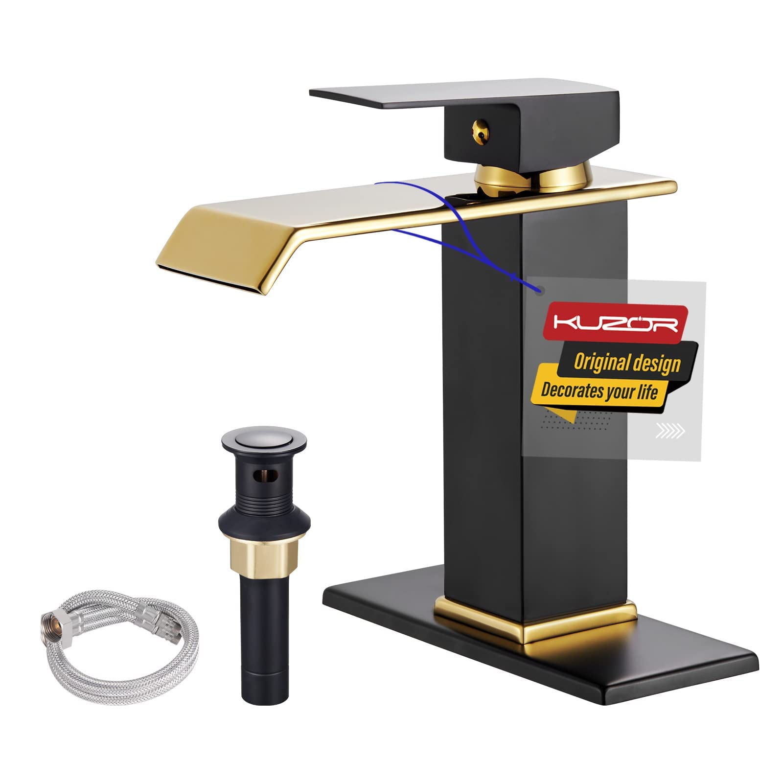 KUZOR Black & Gold Waterfall Bathroom Sink Faucet – Single Hole 304 Stainless Steel Faucet with Metal Pop-Up Drain, Low-Profile Design for Modern Vanities​