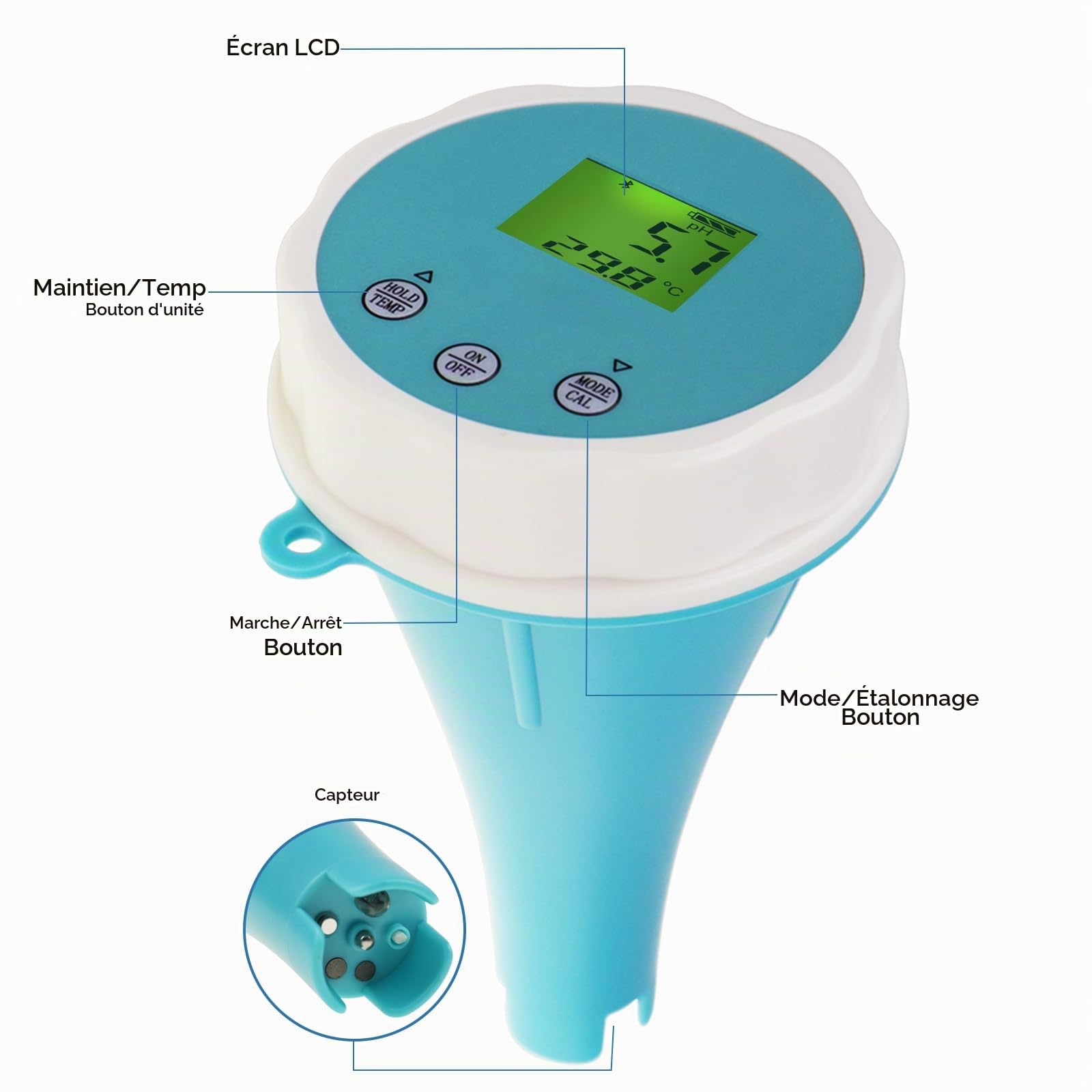 Moniteur de piscine intelligent flottant 6 en 1, testeur de compteur d'eau de piscine Bluetooth pour EC, salinité, pH, ORP, température et chlore, testeur de qualité de l'eau à affichage numérique