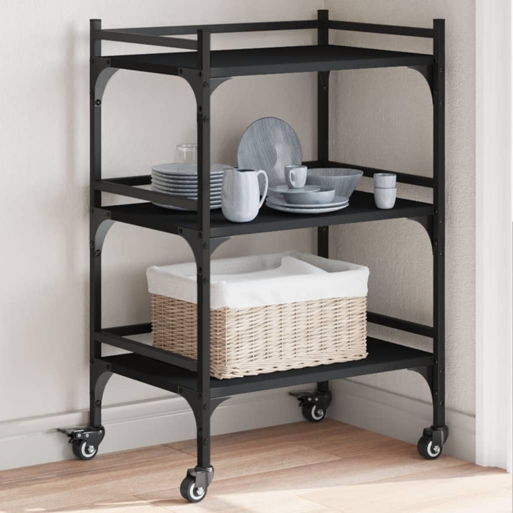 Kitchen Trolley Black Engineered Wood with Steel Frame 19.7"x13.8"x29.7" Rolling Kitchen Cart with Wheels for Storage and Utility in Dining and Food Service