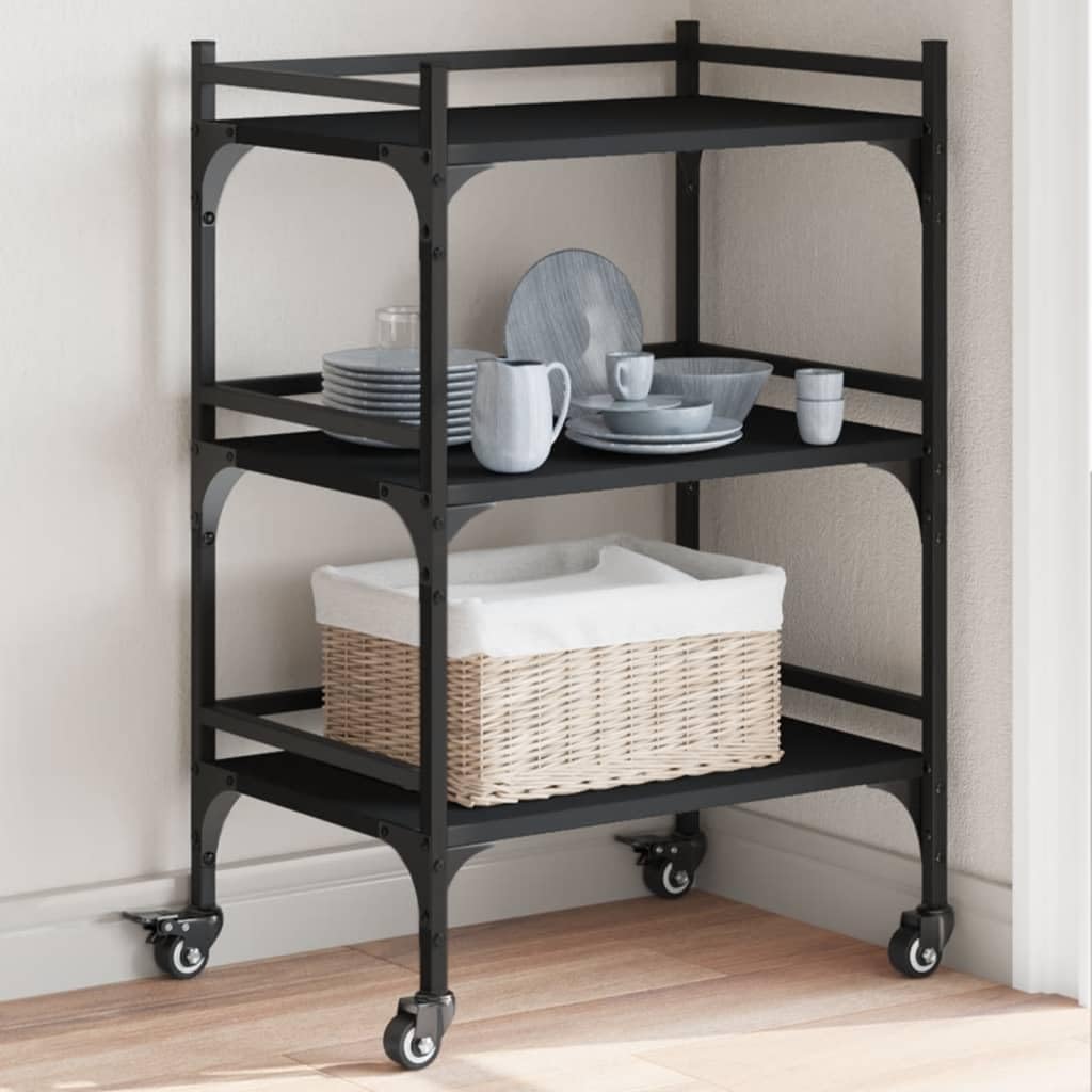 Carro de cocina negro de madera y acero, 50 x 35 x 75,5 cm, con 4 ruedas, 2 frenos, carro de servicio para cocina, comedor, espacio de almacenamiento y orden
