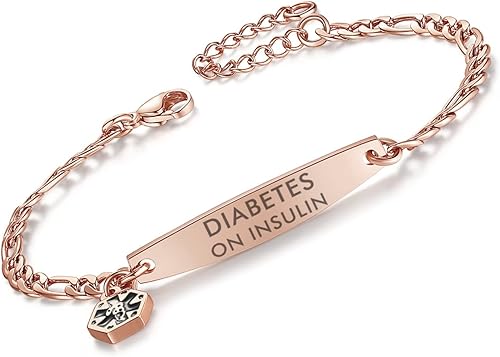 mnmoom Pulseras de identificación médica para mujeres 7-8.5 pulgadas de acero inoxidable pequeña cadena Figaro pulseras de alerta médica