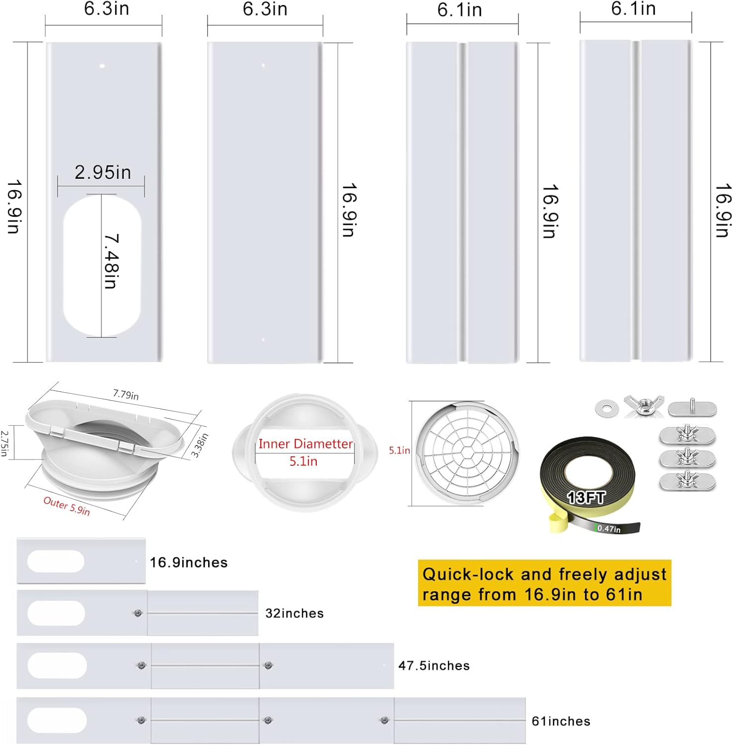 2023 New Portable AC Window Kit with 2-in-1 Coupler for 5.0"/5.9” Exhaust Hose, Universal Sliding Air Conditioner Window Vent Kit with 4 Upgraded Seamless Slot Seal Plates and PVC Grid : Automotive