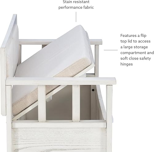 Miniatura 16 de Linon Carlton - Banco de almacenamiento blanco con respaldo tapizado beige y asiento acolchado, gris ahumado