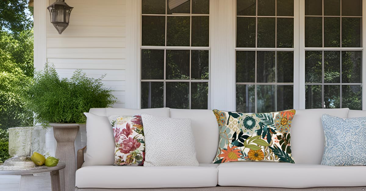 Jartinle Floral Outdoor Pillow Covers Waterproof Boho Flowers Leaves Decorative Patio Pillows Cushion Covers Set of 4 for Porch Bench Furniture Decor