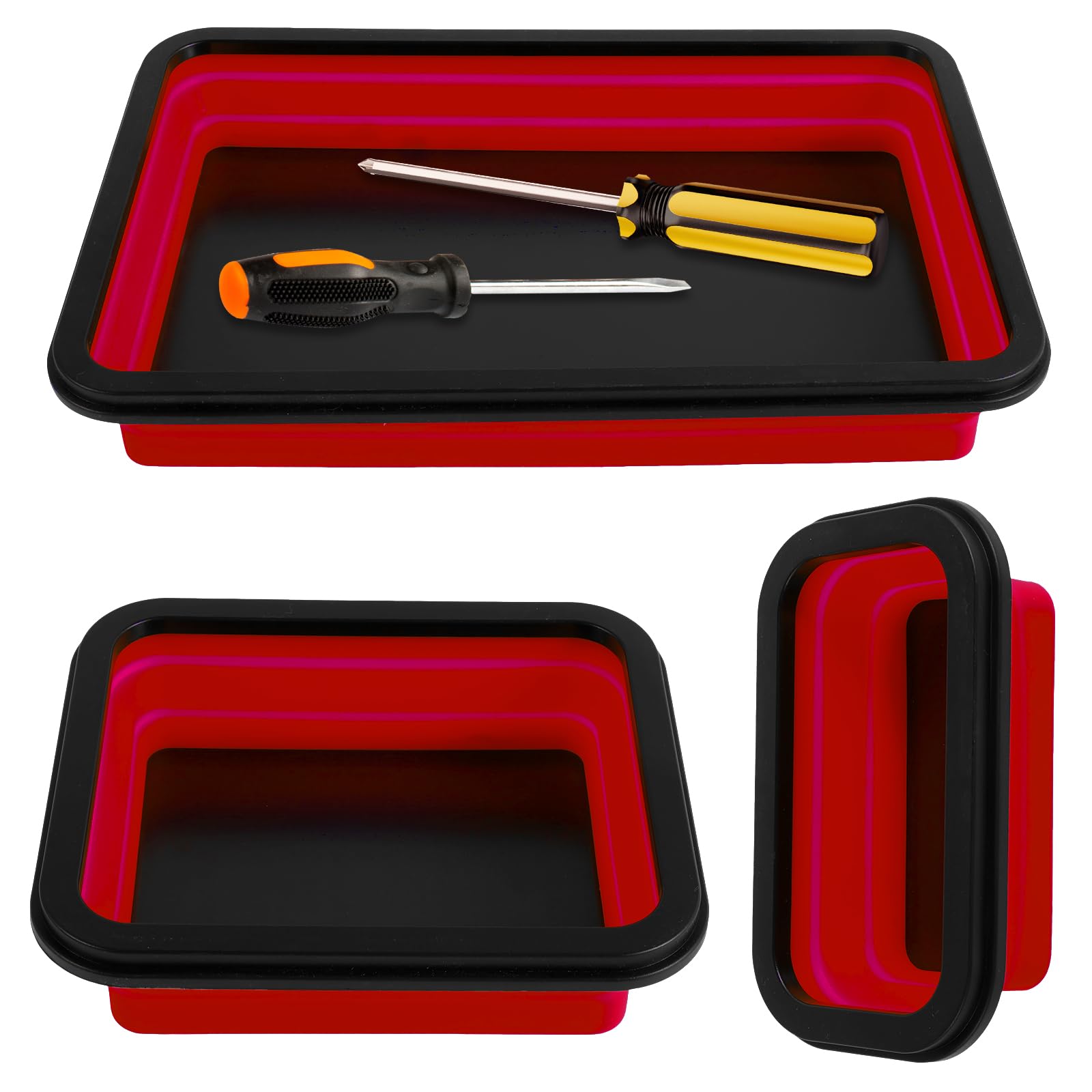 Yunyouc Red 3Pack Collapsible Magnetic Parts Tray Set, Silicone Foldable Magnetic Tool Tray, 3 Size Square Screw Organizer For Screw Bolt Nut Washer (Red)