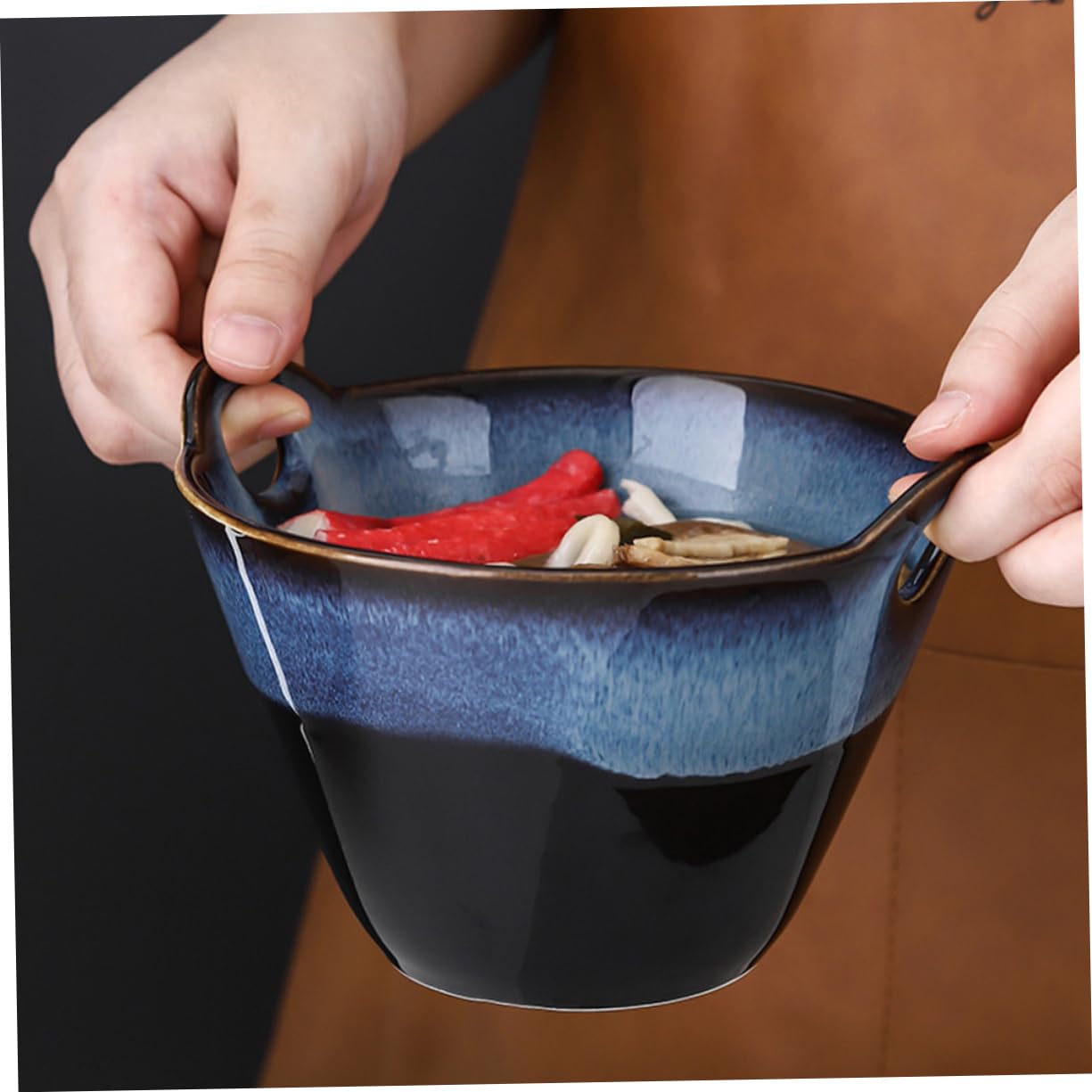 LABRIMP Tazón de Cerámica para Ramen de Doble Asa, Diseño Creativo | Color Navy, Curva Decorativa del Cuenco, Apertura Amplia, Hecho a Mano y Fácil de Limpiar