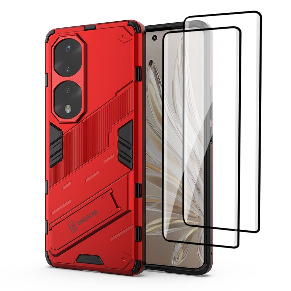 [1+2] Case for Honor 70, with Tempered Glass Screen Protector [2 Pcs], [Shockproof] [Kickstand] Soft TPU & Hard PC Anti-Scratch Protective Case (Red)