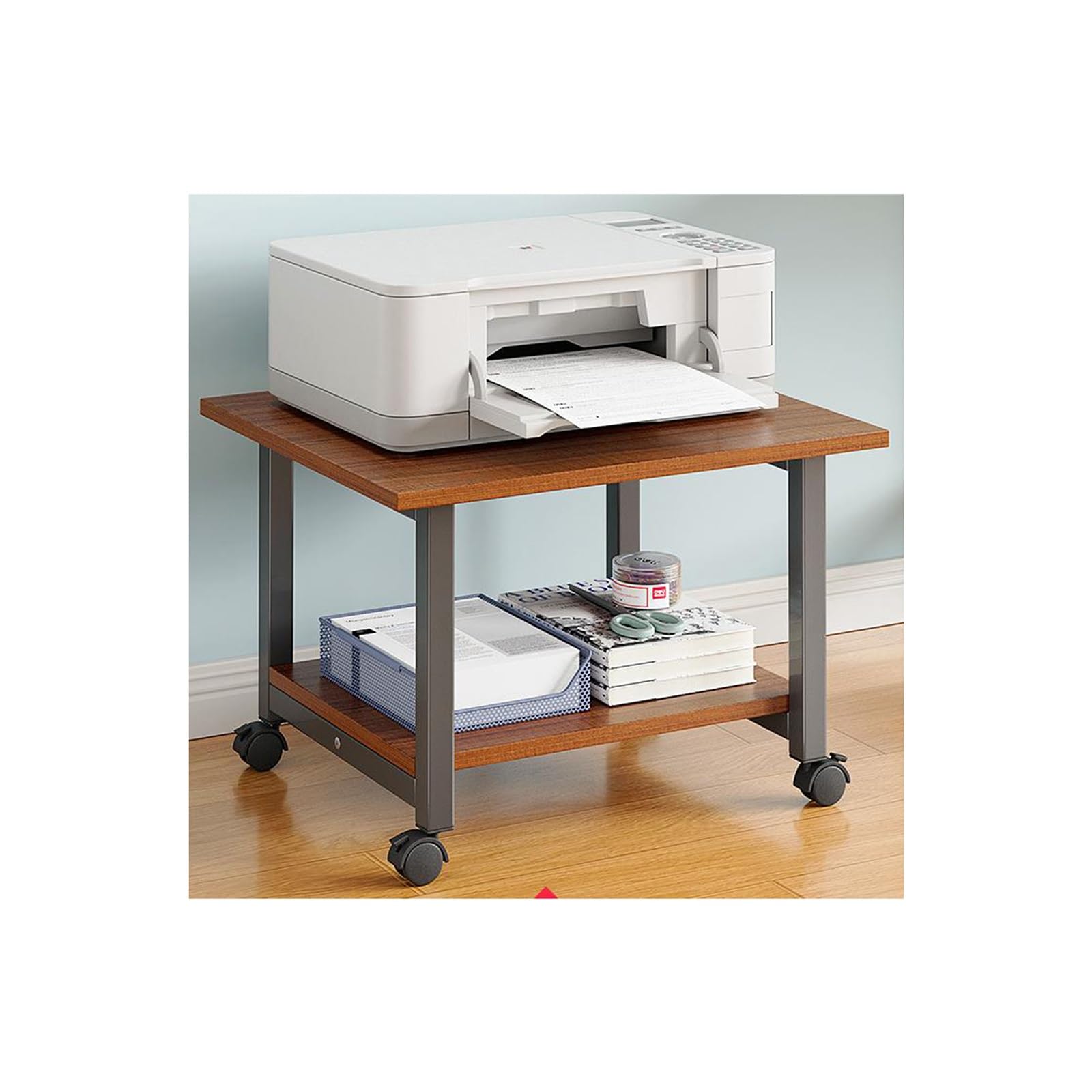 IEOWY Printer stand,Mobile Printer Stand with Wheels - 2-Tier Printer Rack & Storage Cart, Walnut Wood Finish, Ideal for Fax Machines & Home Office Organization.