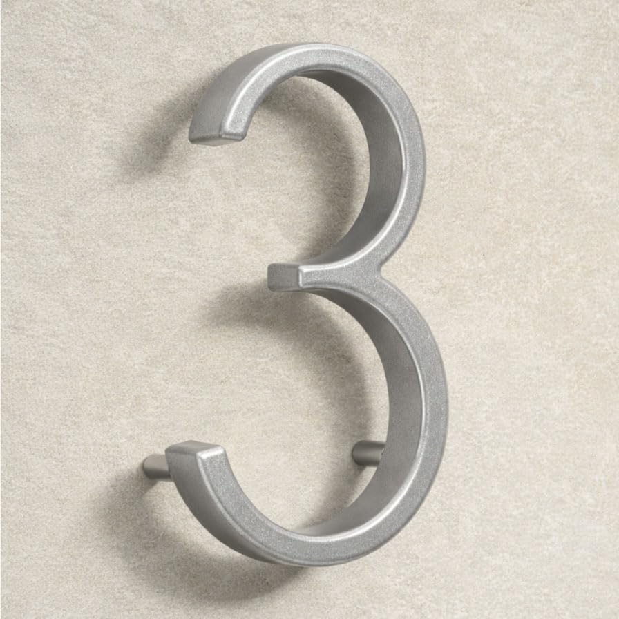 House Signs Direct | Modern Floating 3D Silver Metal House Numbers 5 Inch | Stylish Front Door Numbers with Waterproof Zinc Alloy Finish | Easy Install Door Number Sign for Wall or Gate - Number 3