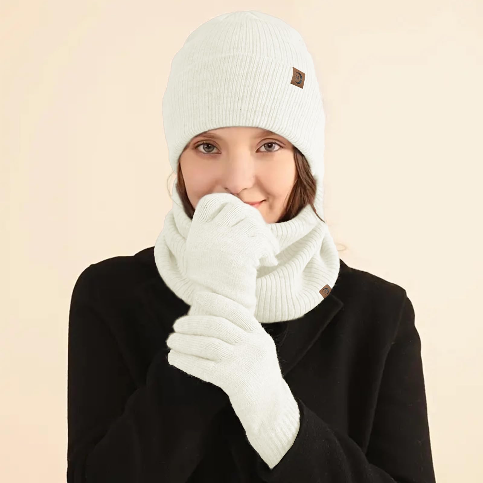 MARUKO Femme Tricotés Ensemble d'hiver Bonnet écharpe Gants d'écran Tactile 3 en 1, Doublure Molleton Doux Bonnet tricoté Chaud Cache-Cou Extensible Gants tactiles à 2 Doigts pour Femme