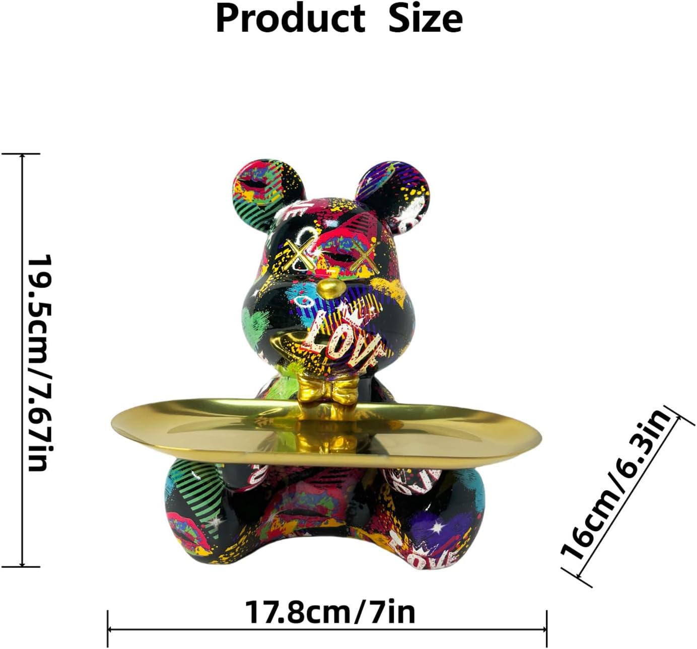 Hypebeast Graffiti Bear Sculpture with Tray for Candy and Accessory, Resin Animal Statue Home Decor for Living Room, Office on Table, Shelf and Cabinet (B)