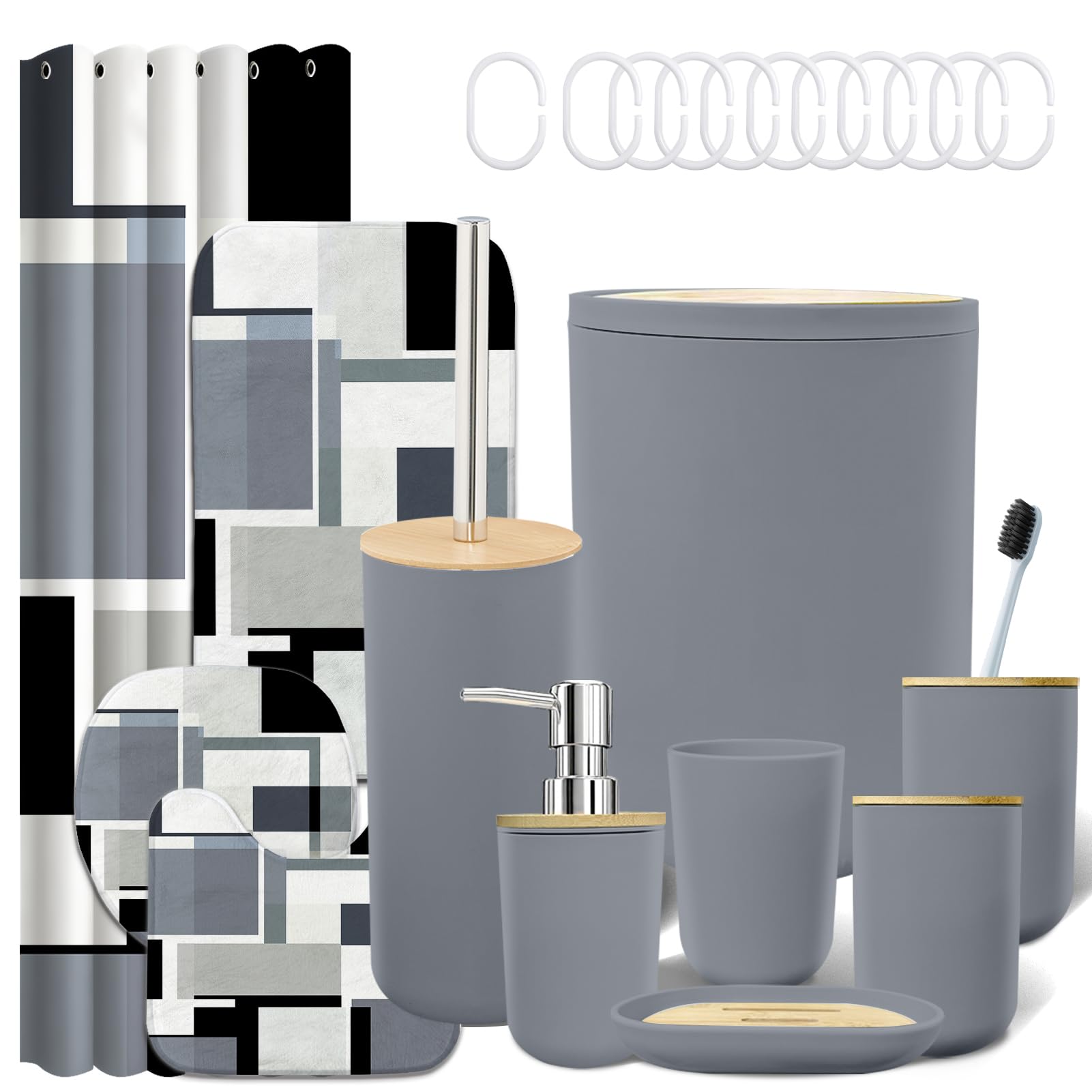 Grey Bathroom Sets with Shower Curtain and Rugs, Bathroom Accessory Set with Shower Curtain,Bath Rugs, Trash Can, Toilet Brush Holder Set & Soap Dispenser