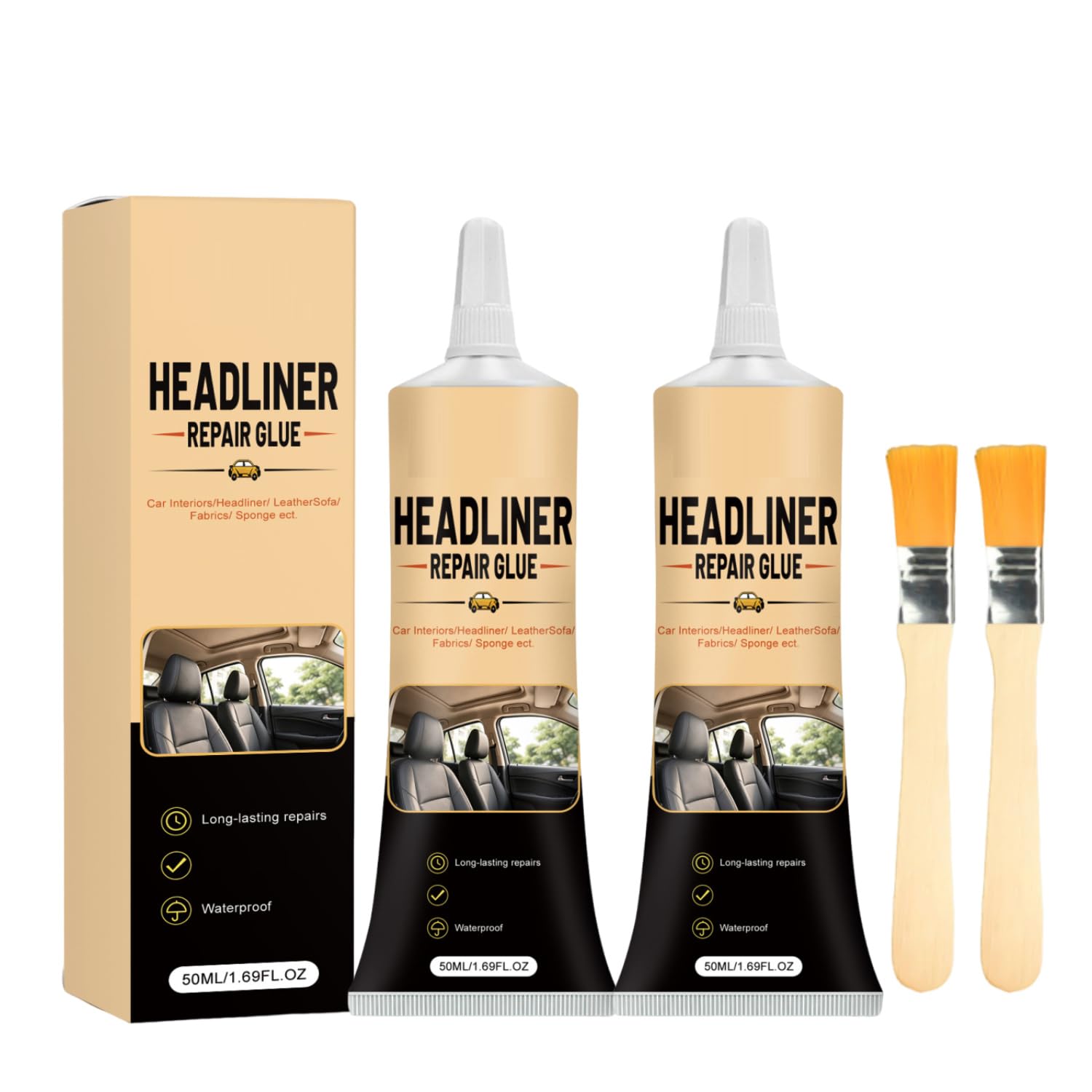 Waterproof Car Headliner Repair Glue, High Strength Adhesive for Sagging Car Ceiling & Interior, Heavy Duty Leather & Roof Fabric Repair Kit with Applicator (2pcs)