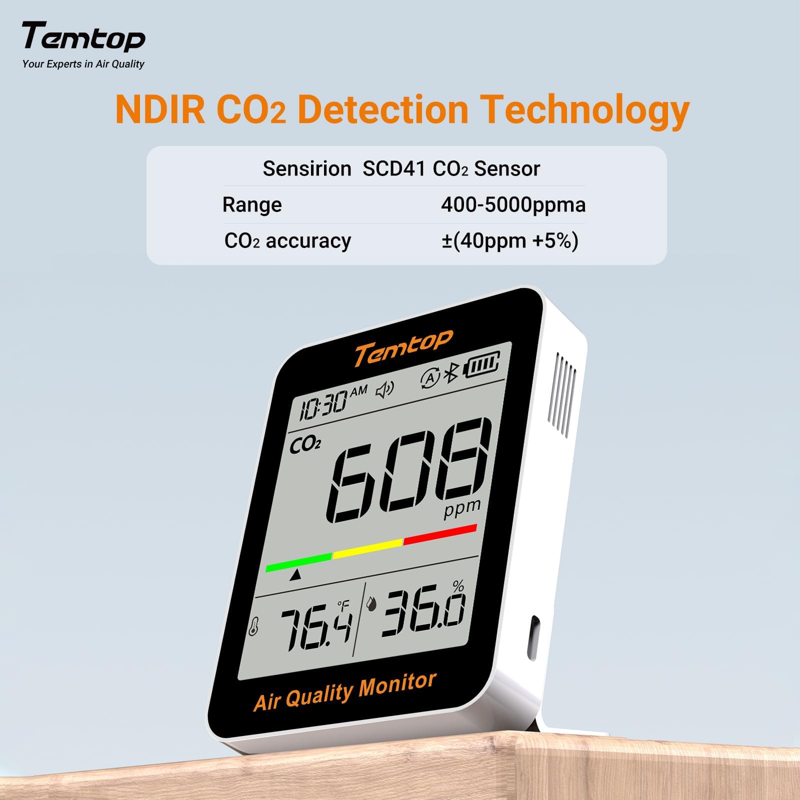 Temtop Monitor CO2 Wewnętrzny monitor jakości powietrza z łącznością BLE App, przenośny miernik CO2, temperatura, wilgotność powietrza do domu, biura lub szkoły C1+
