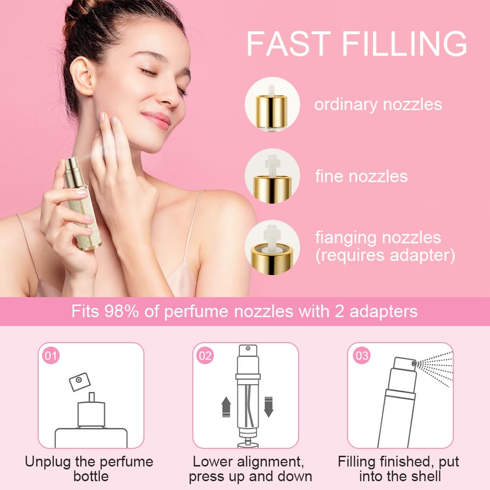 LOPHE Butelka podróżna, 5 ml, luksusowa, wielokrotnego napełniania, błyszcząca butelka z rozpylaczem do perfum, łatwy do napełniania, atomizer perfum dla kobiet, mężczyzn (złota)