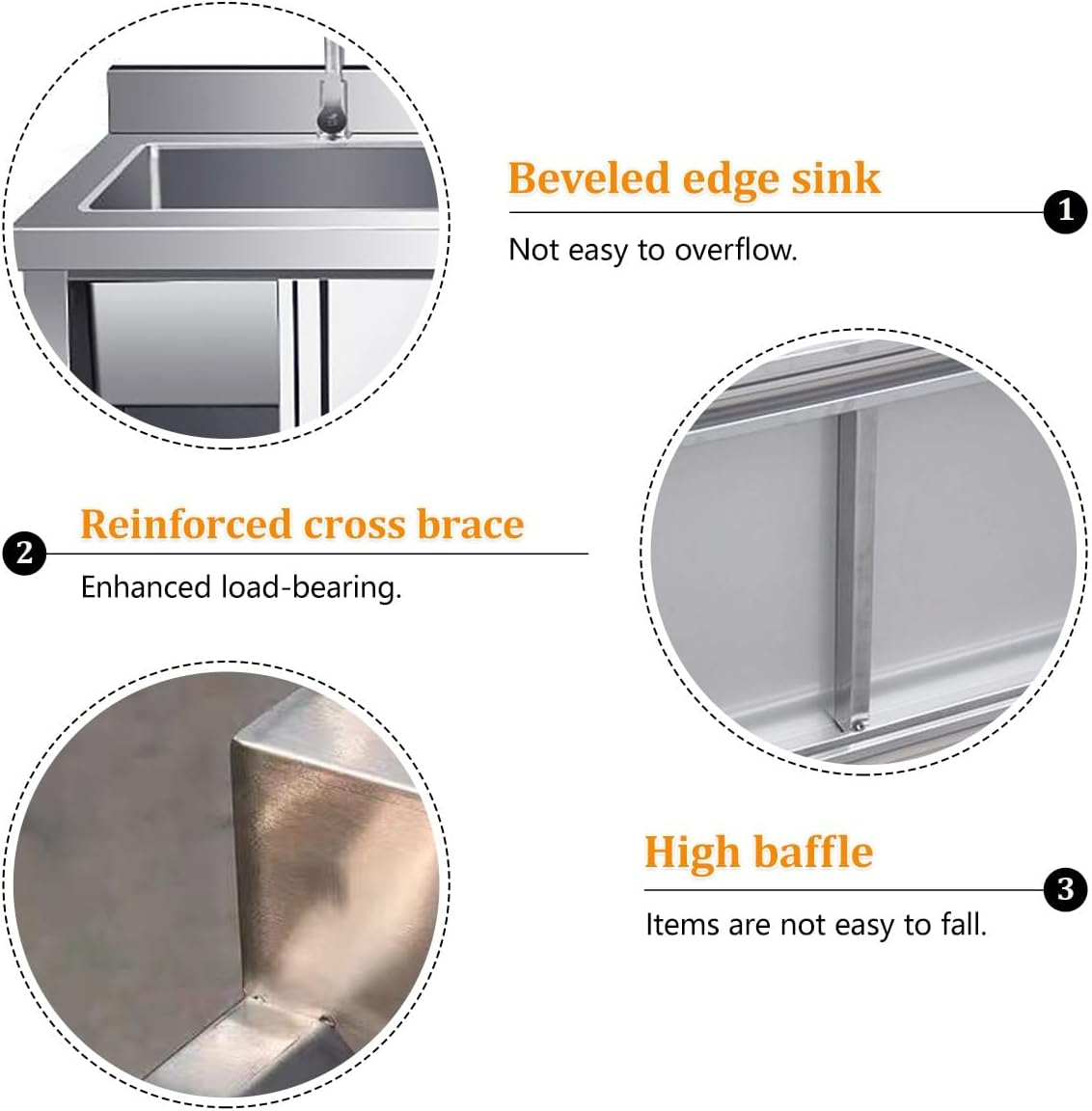 Stainless Steel Table with Right Sink and Cabinet, Commercial Sliding Doors, Restaurant Heavy Duty Workbench High Baffle for Kitchen, Hotel, Butcher Shops