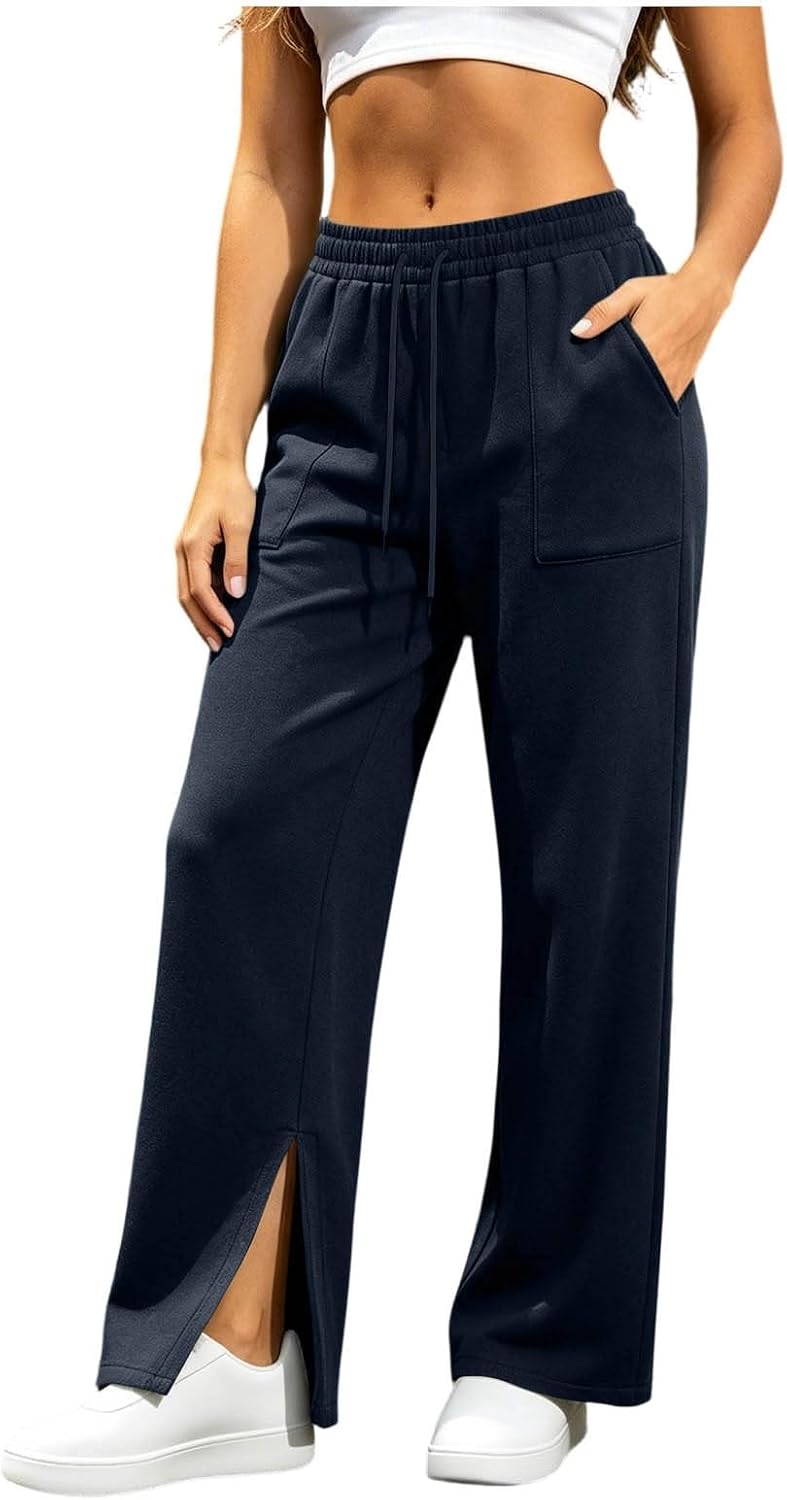 Women Wide Leg Sweatpants Drawstring Waist Pockets Side Slits