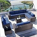 Kullavik Outdoor Patio Furniture Set 12 Pieces Sectional Rattan Sofa Set Brown PE Rattan Wicker Patio Conversation Set with 10 Navy Blue Seat Cushions and 2 Tempered Glass Table