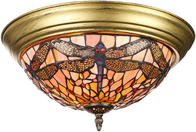 Tiffany Styled Ceiling Light - BAYCHEER 14.96 inches Tiffany Flush Mount Lighting with Colorful Glass Shade Dragonfly Decorative Hanging Tiffany Lamps Fixtures for Corridor Bedroom Living Room
