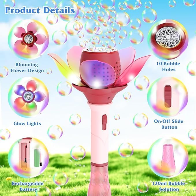 Image of Electric Bubble Stick for Kids, Automatic Bubble Machine 10000+ Bubbles Light Up Flower Bubble Wand Bubble Toys for Summer Outdoor Party Wedding (Blue)