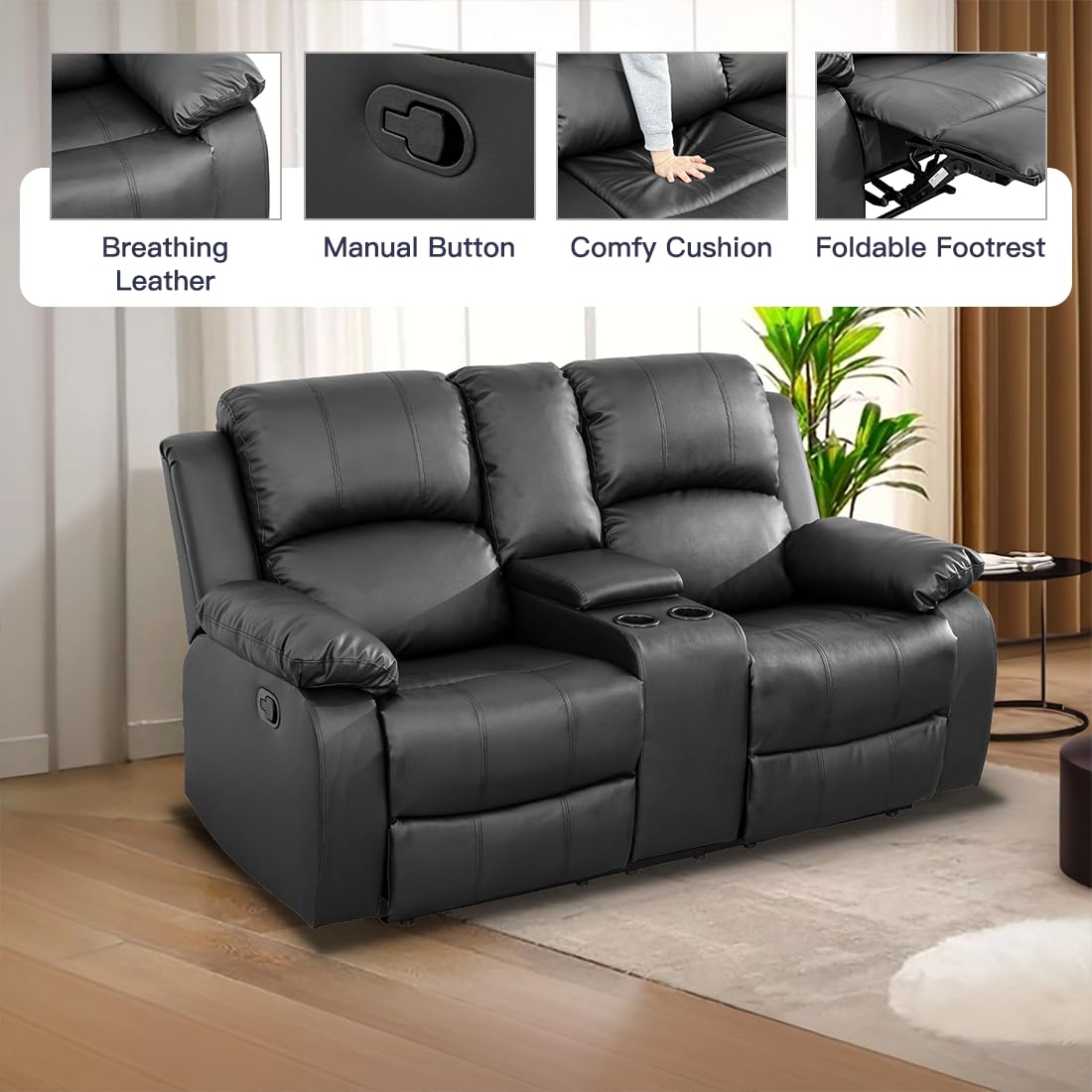 Toseslo Manual Recliner Loveseat Set, Living Room Furniture Sets, 2 Seater Modern Reclining Couches, Black Leather Reclining Couch Sets with Storage Console/Cup Holder for Living Room/Apartment view 4