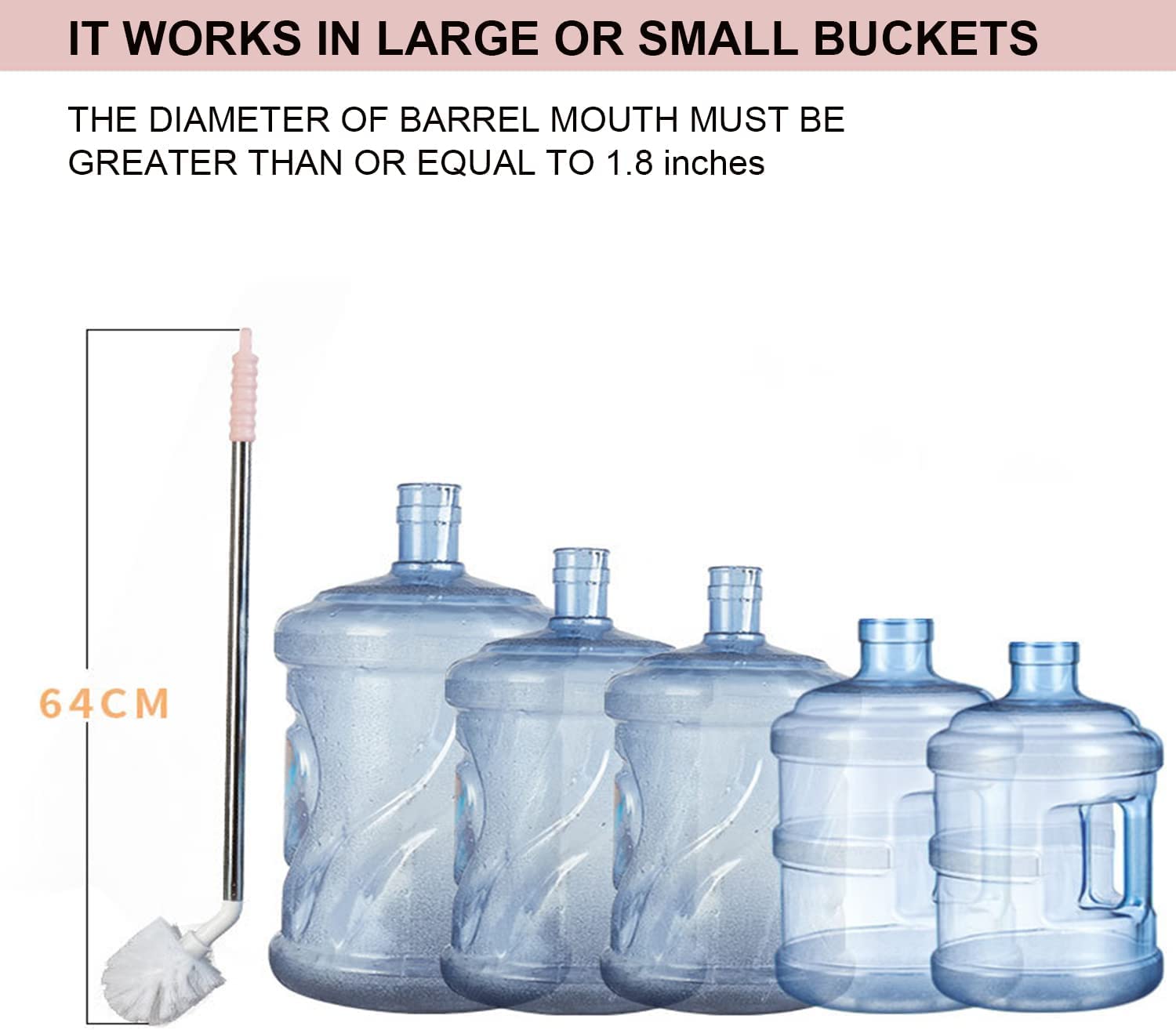 SPAREQUE Stainless Steel Water Bucket Bottle Brush, Long Handle Scrubbing Brush, Suitable for Cleaning 1 to 5 Gallon Buckets, Water Jug Brush Cleaner,Long 3 & 5 Gallon Bottle Brush Cleaner, Stainless Steel Handle,Nylon Bristles,Bottle Cleaning Brush